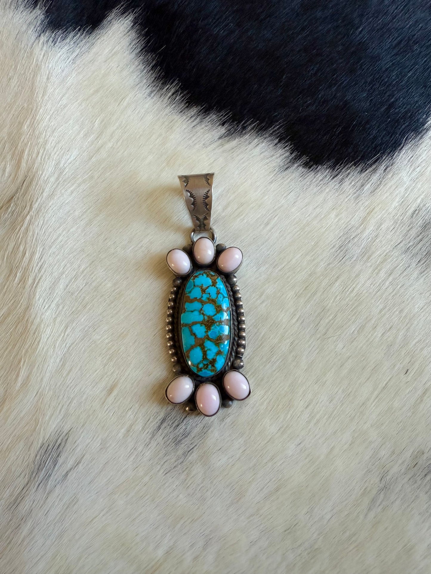 Pink Conch & Spider Web Turquoise Pendant